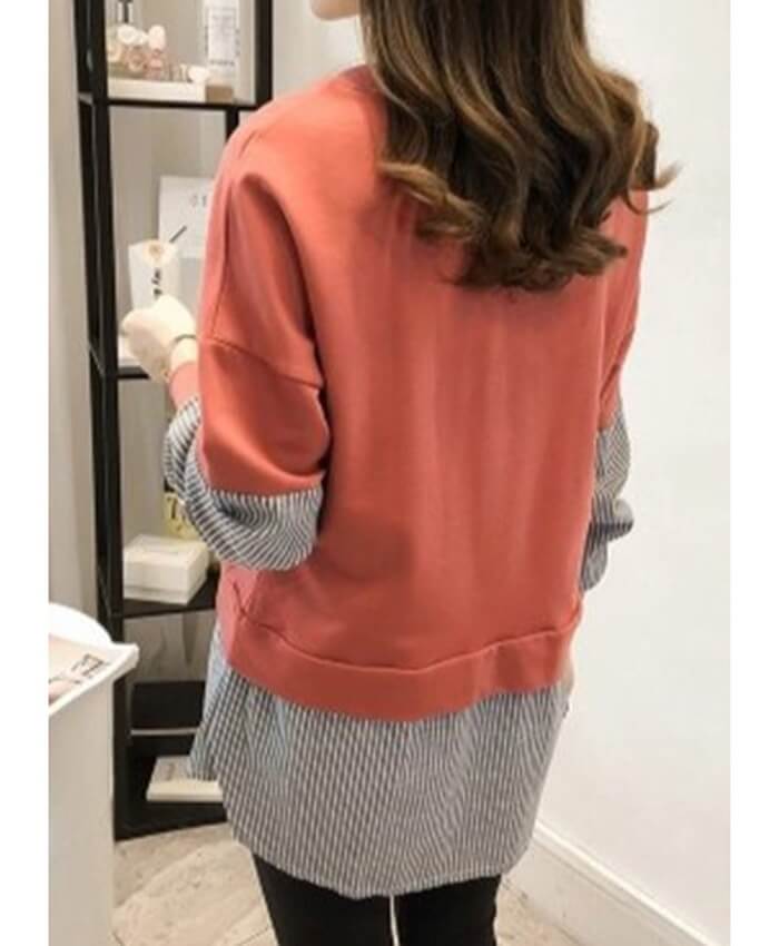 Long Sleeve Brick Red Faux Two Piece Blouse